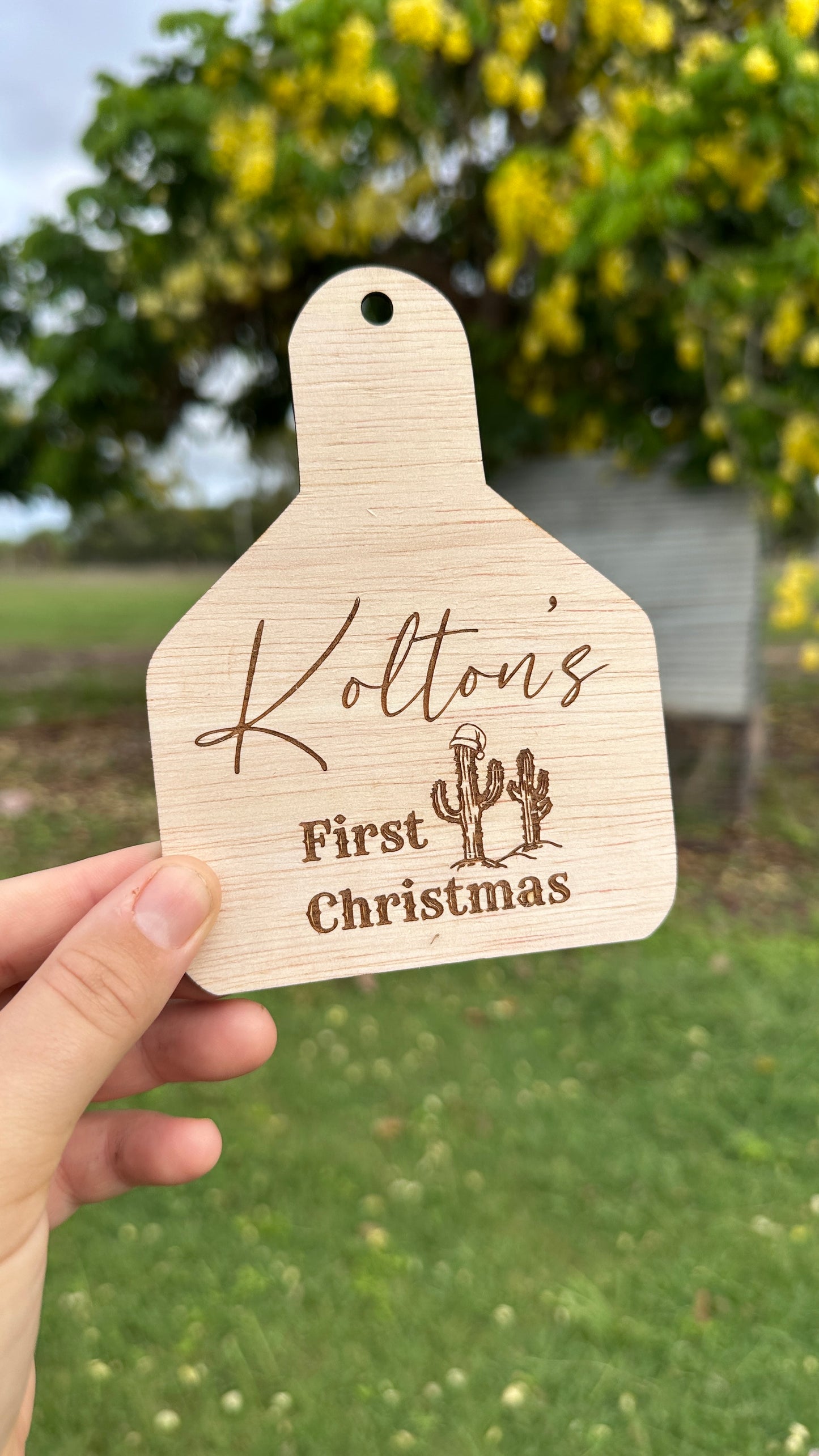 Personalised Western Cowtag Baby’s First Christmas Ornament – Rustic Wooden Keepsake