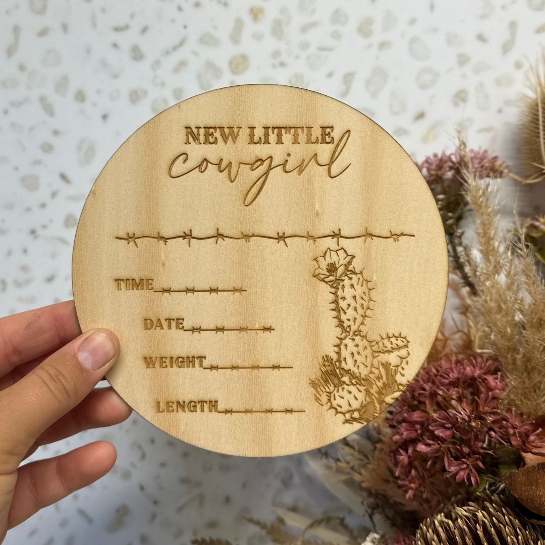 Wooden Announcement Disc | New Little Cowgirl