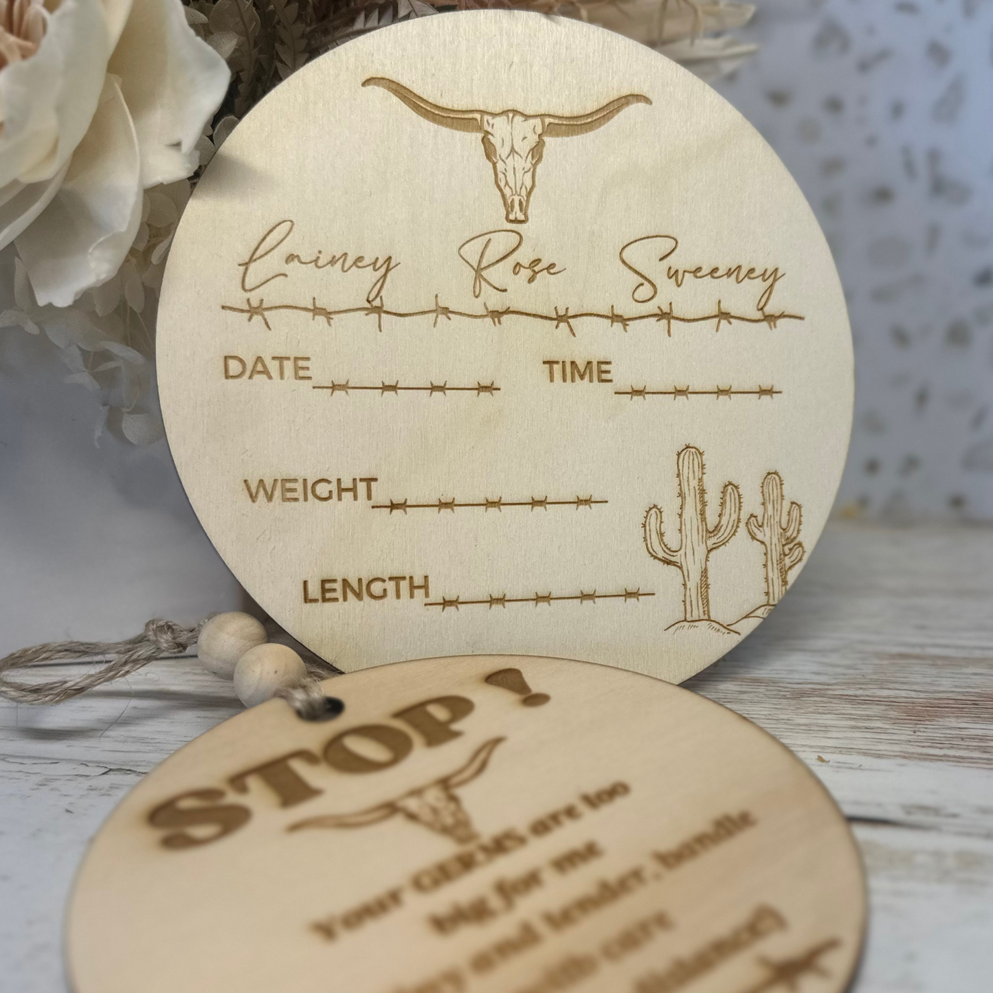 Wooden Announcement Disc | Cow skull design