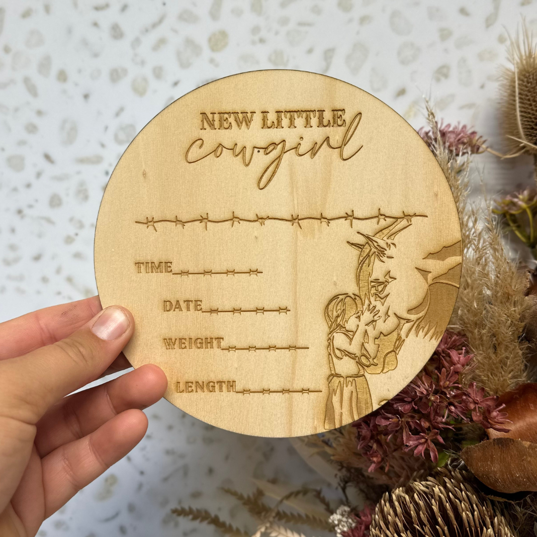 Wooden Announcement Disc | New Little Cowgirl