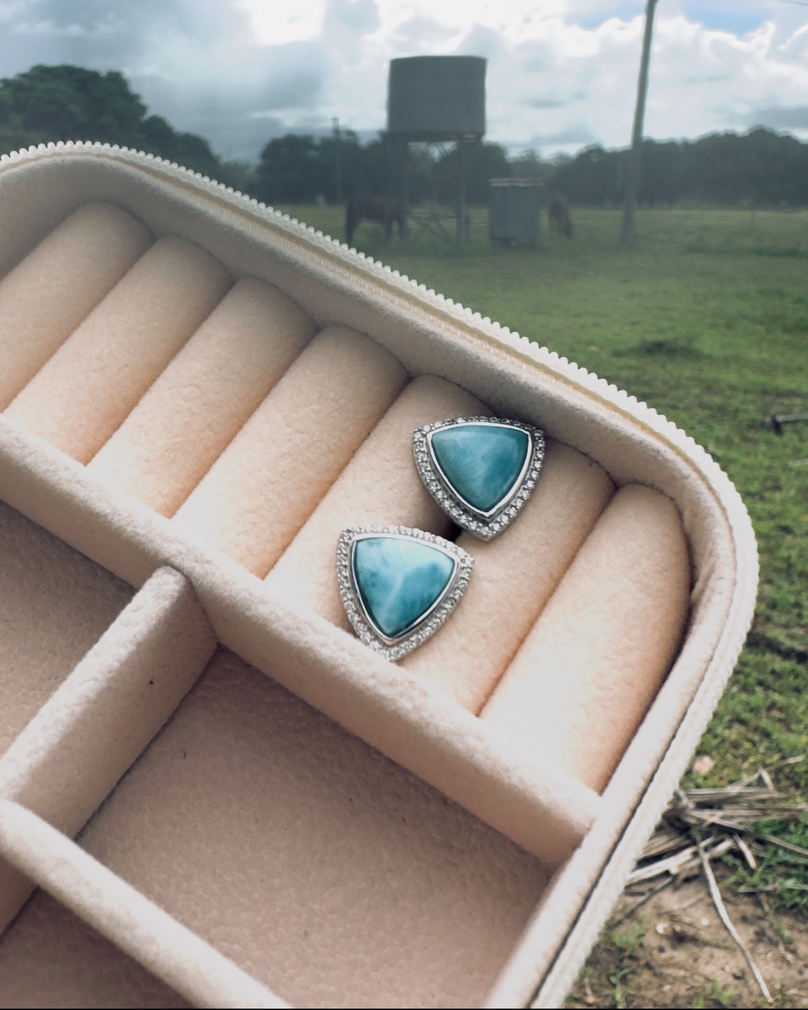 Lilly Triangle Studs - Sterling Silver Trillion Cut Genuine Larimar Stone Earrings