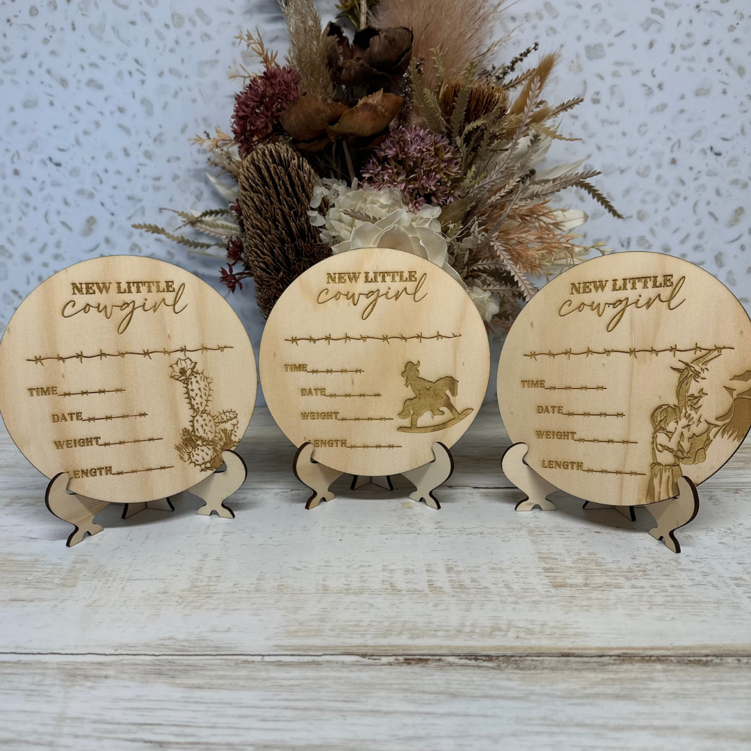 Wooden Announcement Disc | New Little Cowgirl