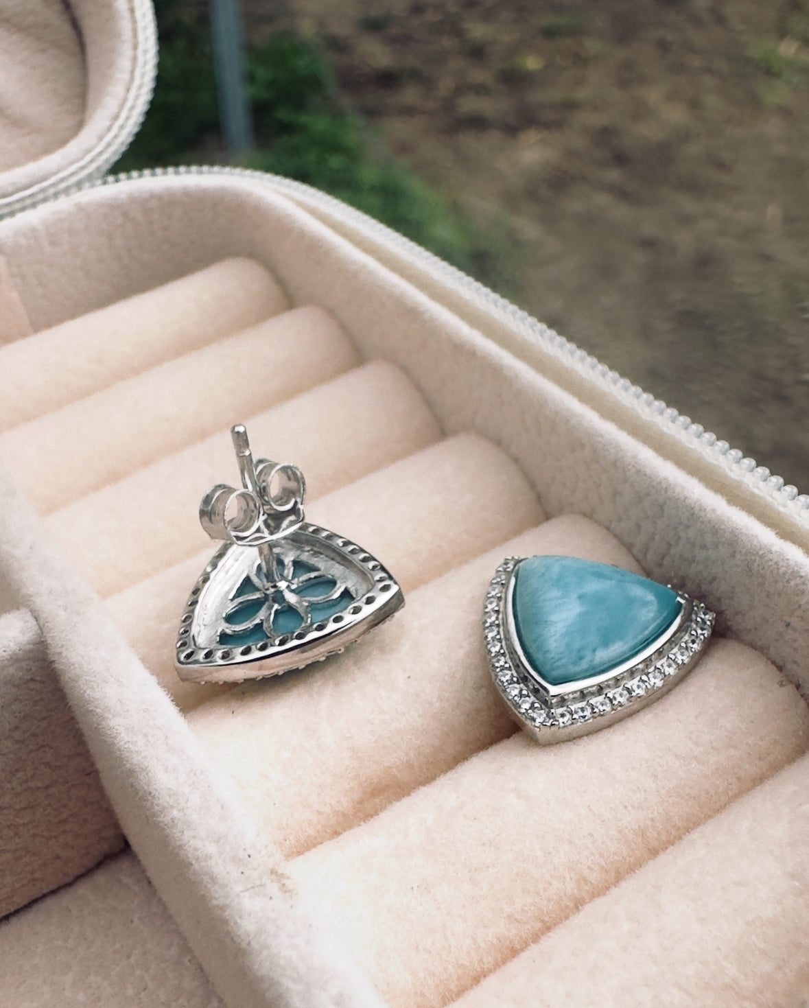 Lilly Triangle Studs - Sterling Silver Trillion Cut Genuine Larimar Stone Earrings