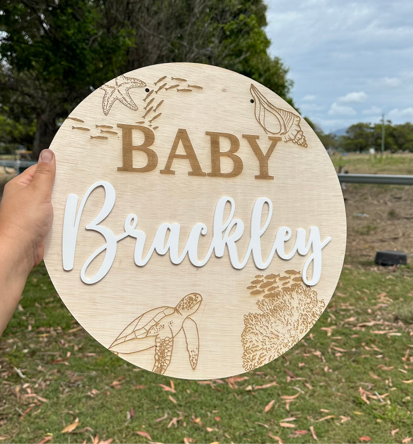 Ocean Themed Engraved 40cm Round Baby Shower Sign | Event Sign