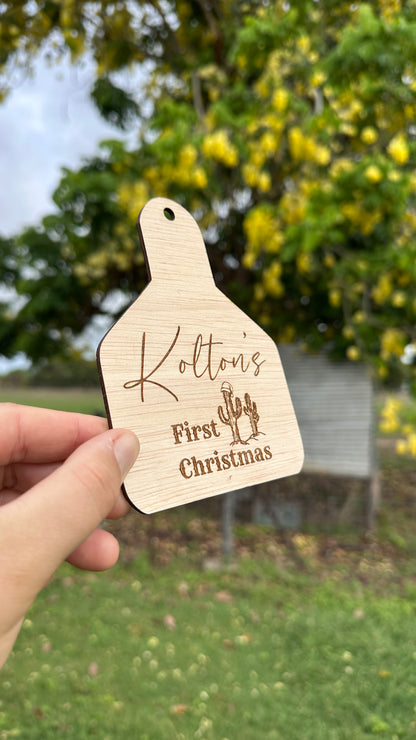 Personalised Western Cowtag Baby’s First Christmas Ornament – Rustic Wooden Keepsake
