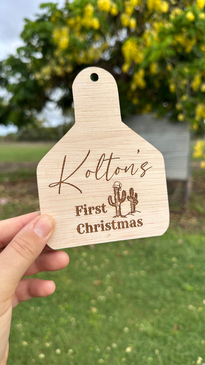 Personalised Western Cowtag Baby’s First Christmas Ornament – Rustic Wooden Keepsake