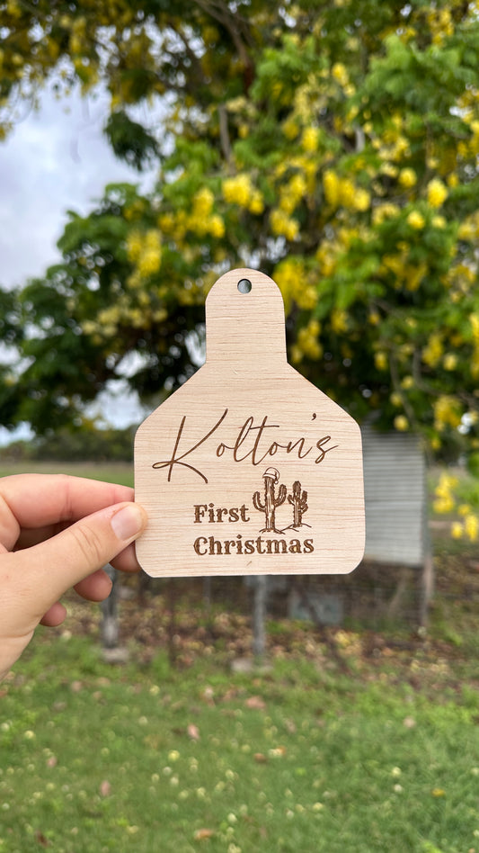 Personalised Western Cowtag Baby’s First Christmas Ornament – Rustic Wooden Keepsake