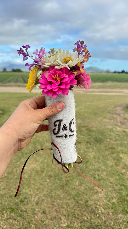 Personalised Cowhide Bouquet Wrap | Western Wedding Bouquet Holder