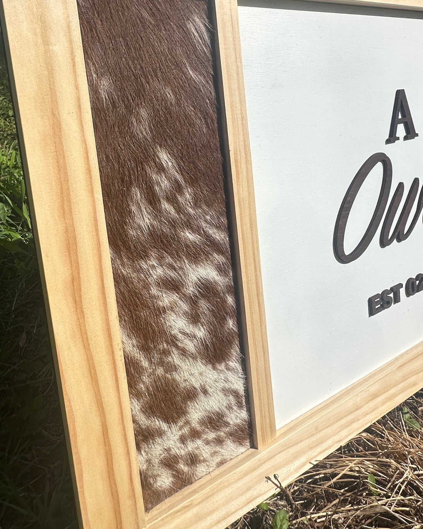 Framed Cowhide Wedding Sign – Natural Finish - Design 2