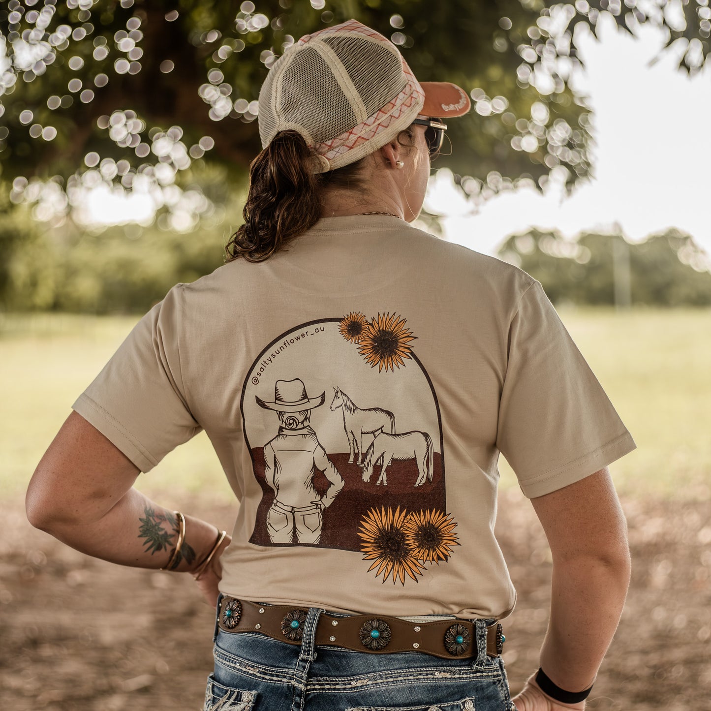 Cowgirl’s Quiet Moment - 100% Cotton T Shirt - Sand, Brown & Blue