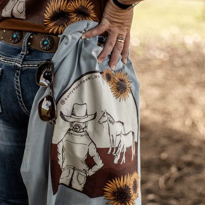 Cowgirl’s Quiet Moment - 100% Cotton T Shirt - Sand, Brown & Blue