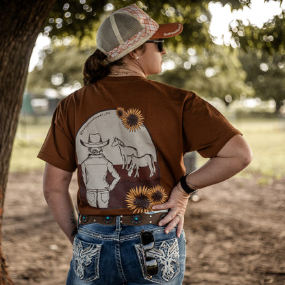 Cowgirl’s Quiet Moment - 100% Cotton T Shirt - Sand, Brown & Blue