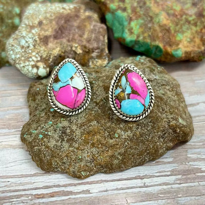 Cotton Candy Sterling Silver Earrings – Pink & Turquoise Teardrop Western Studs | Salty Sunflower AU