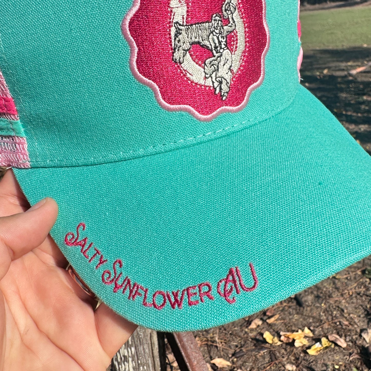 Dime Store Cowgirl Ponytail Trucker Cap – Western Pink & Teal Mesh Hat | Salty Sunflower AU