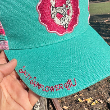 Dime Store Cowgirl Ponytail Trucker Cap – Western Pink & Teal Mesh Hat | Salty Sunflower AU