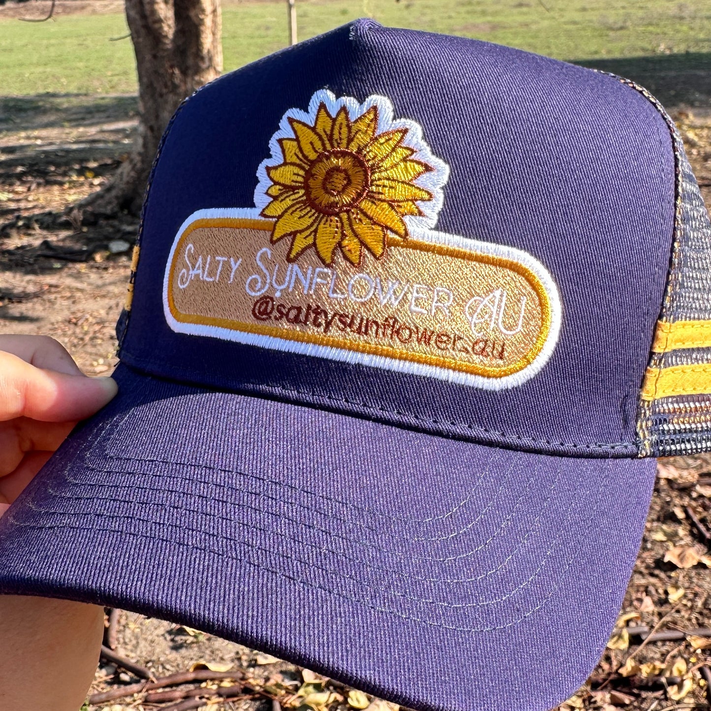 Salty Sunflower AU Trucker Cap – Navy & Gold Retro Mesh Hat | Country Western Style