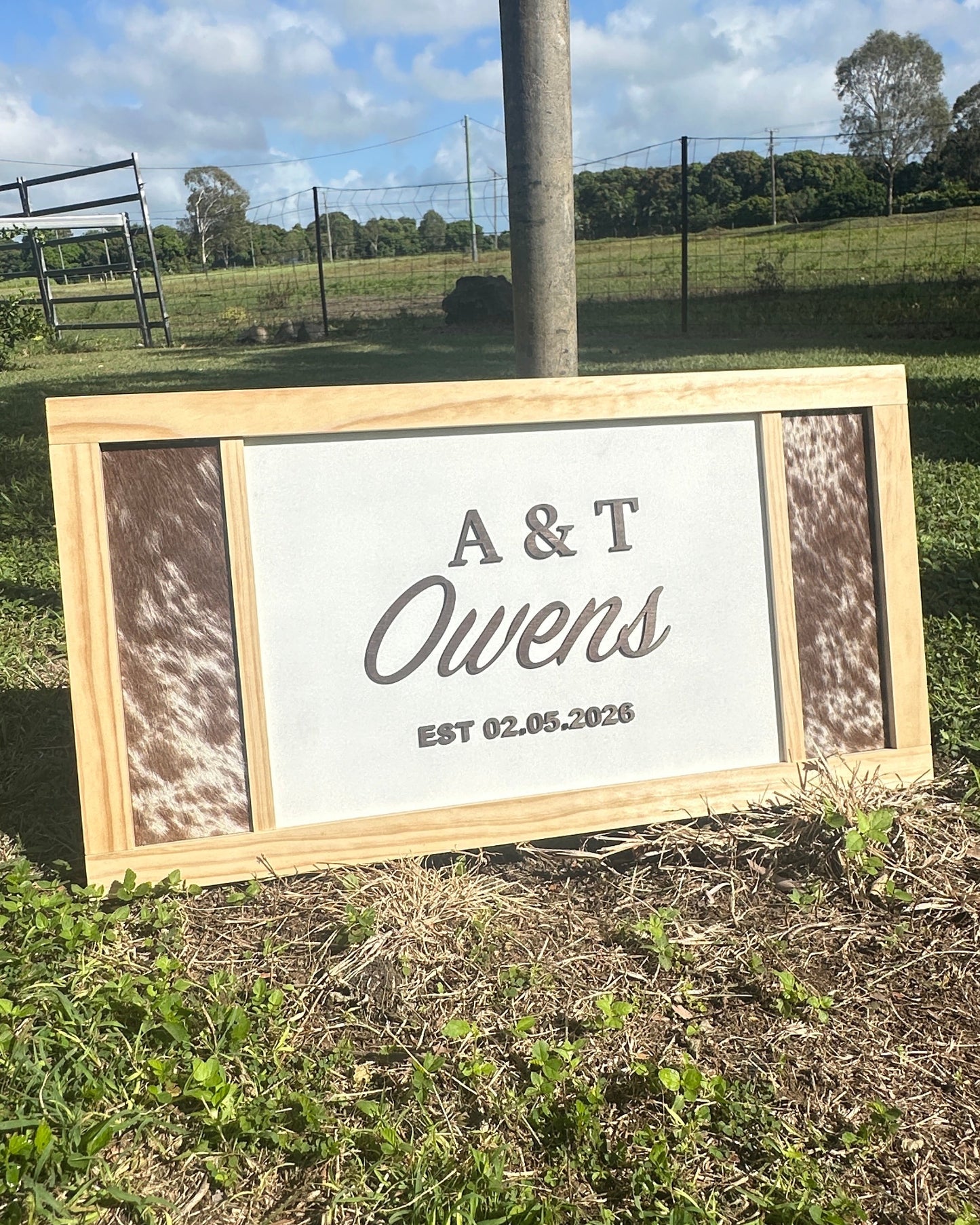 Framed Cowhide Wedding Sign – Natural Finish - Design 2
