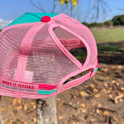 Dime Store Cowgirl Ponytail Trucker Cap – Western Pink & Teal Mesh Hat | Salty Sunflower AU