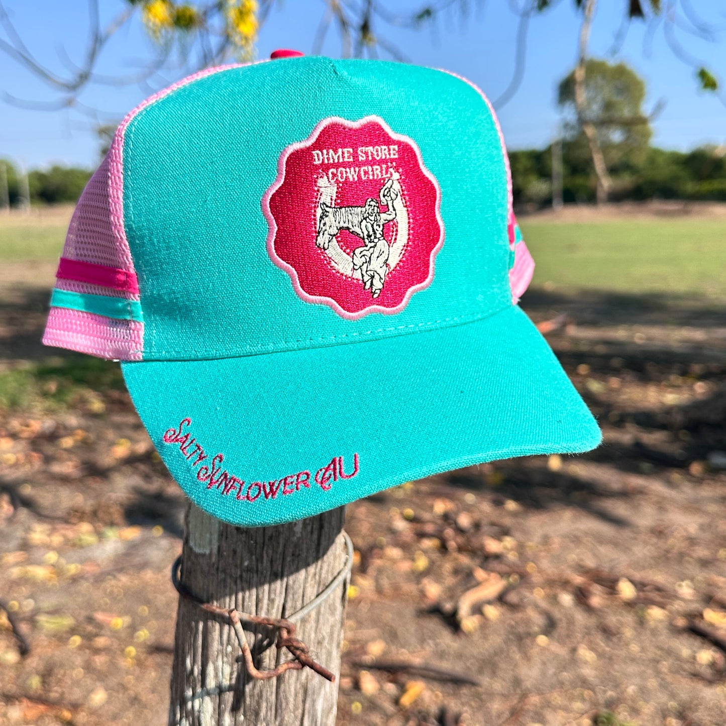 Dime Store Cowgirl Ponytail Trucker Cap – Western Pink & Teal Mesh Hat | Salty Sunflower AU