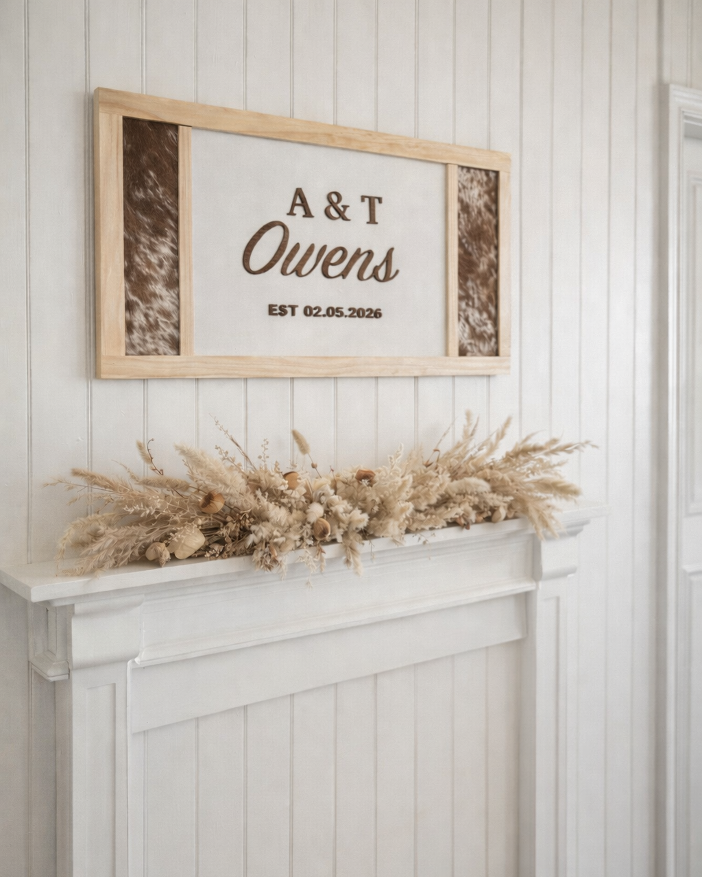 Framed Cowhide Wedding Sign – Natural Finish - Design 2