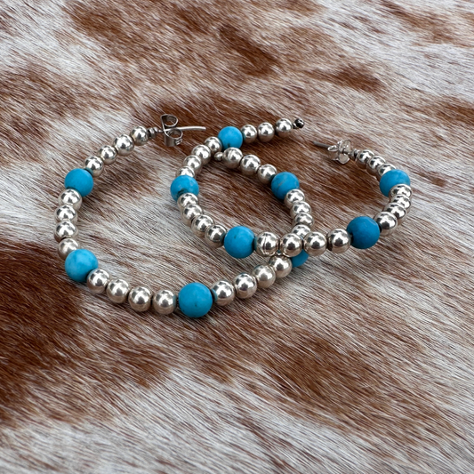 Hoop Earrings -Sterling Silver, Genuine Turquoise Stone Earrings