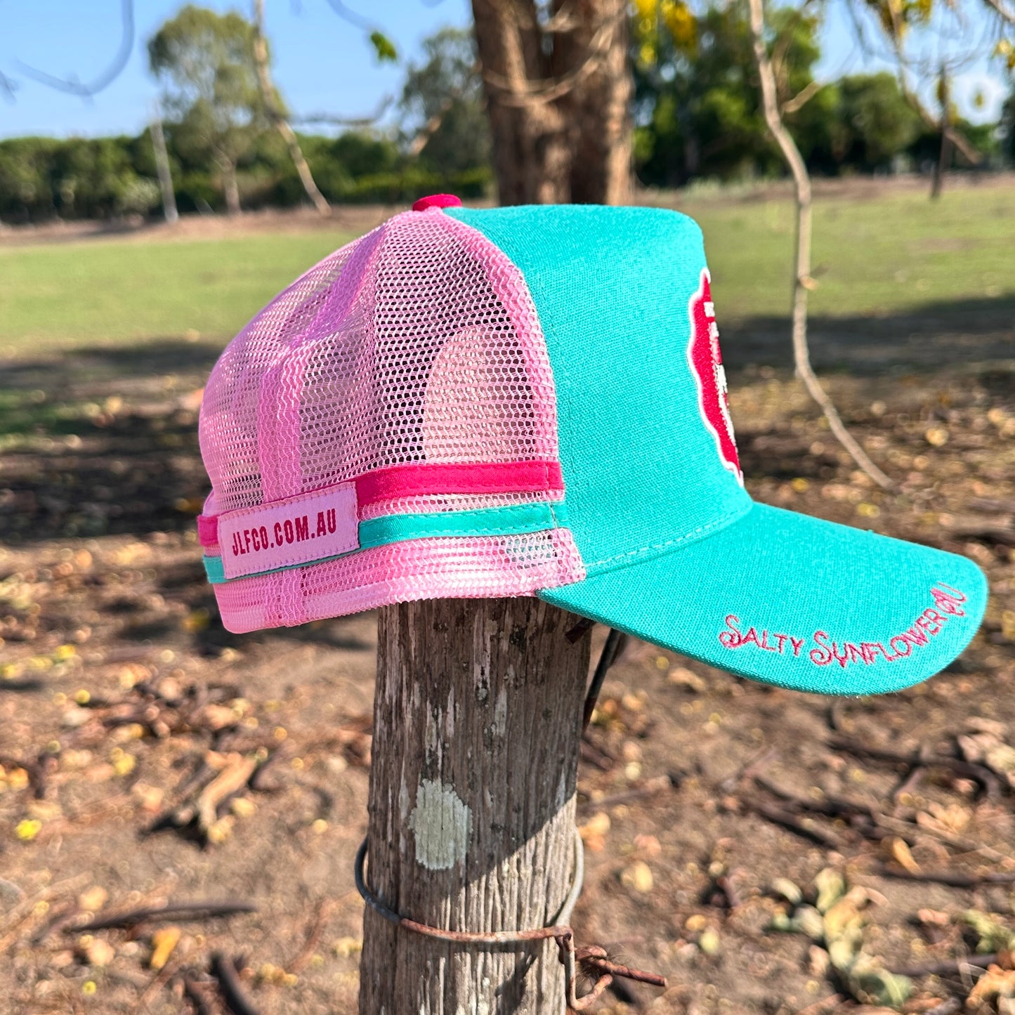 Dime Store Cowgirl Ponytail Trucker Cap – Western Pink & Teal Mesh Hat | Salty Sunflower AU