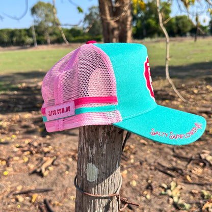 Dime Store Cowgirl Ponytail Trucker Cap – Western Pink & Teal Mesh Hat | Salty Sunflower AU