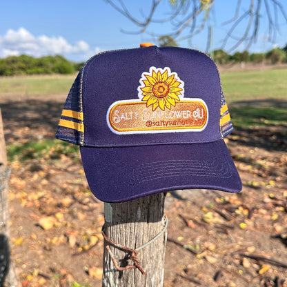 Salty Sunflower AU Trucker Cap – Navy & Gold Retro Mesh Hat | Country Western Style
