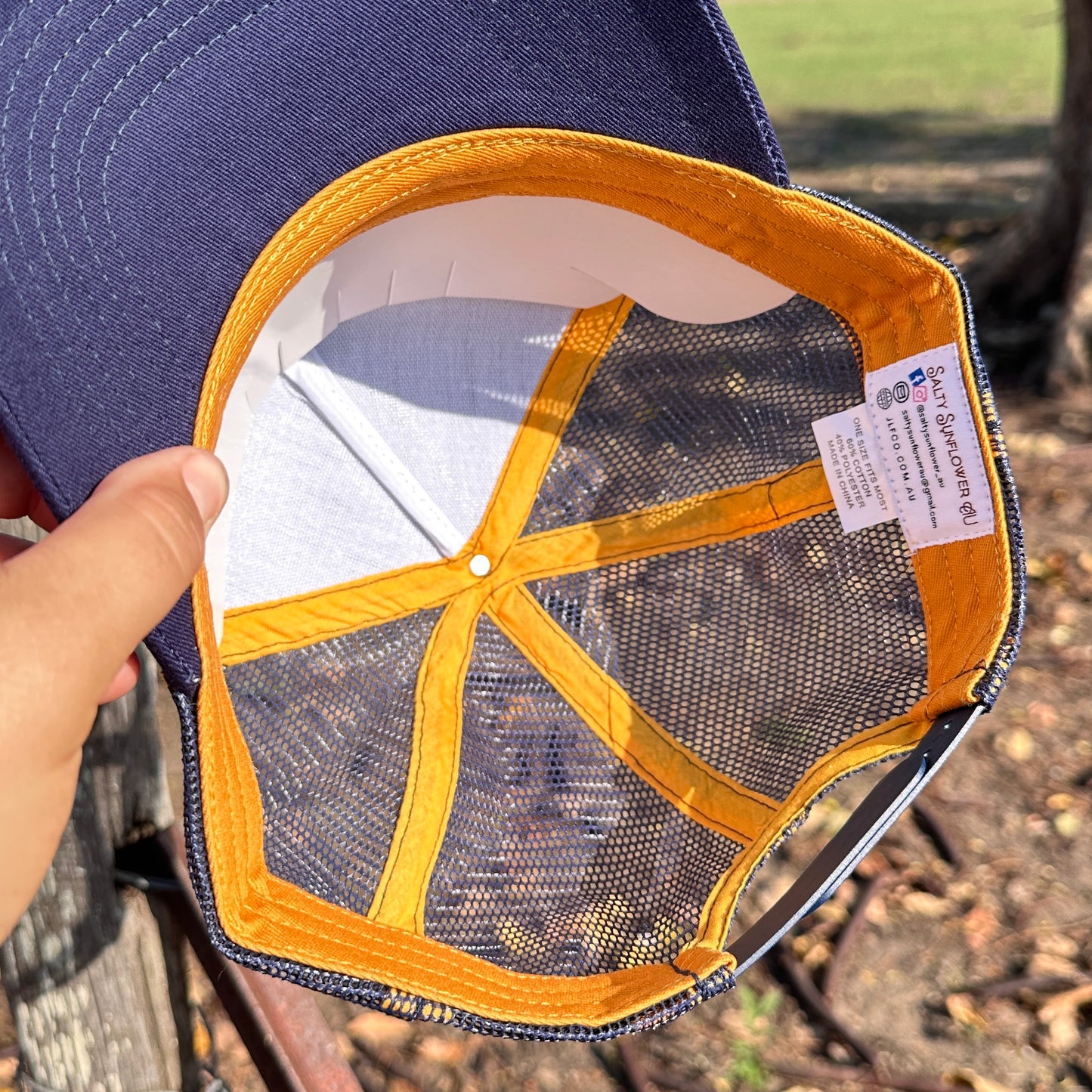 Salty Sunflower AU Trucker Cap – Navy & Gold Retro Mesh Hat | Country Western Style