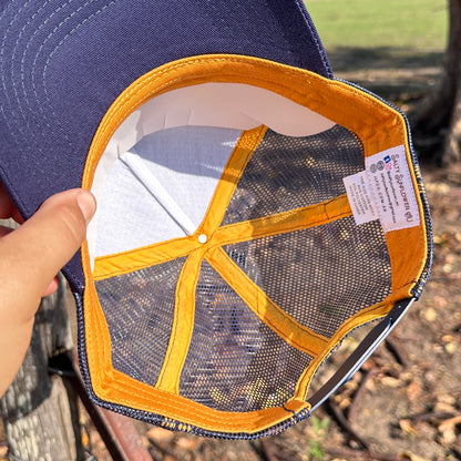 Salty Sunflower AU Trucker Cap – Navy & Gold Retro Mesh Hat | Country Western Style