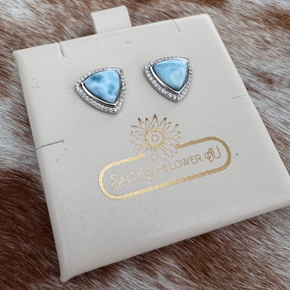 Lilly Triangle Studs - Sterling Silver Trillion Cut Genuine Larimar Stone Earrings