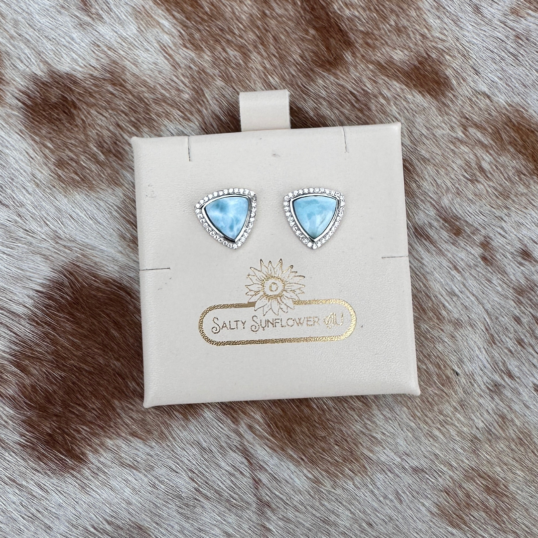 Lilly Triangle Studs - Sterling Silver Trillion Cut Genuine Larimar Stone Earrings