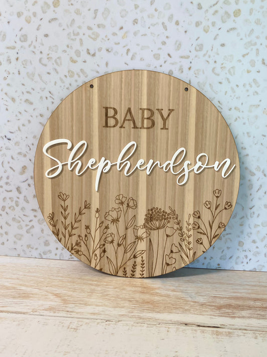 Floral Engraved 37cm Round Baby Shower Sign |  Event Sign